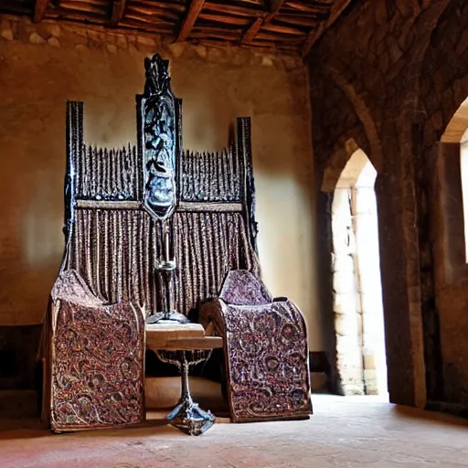 Image similar to a medieval throne room with a table and crystals as seats