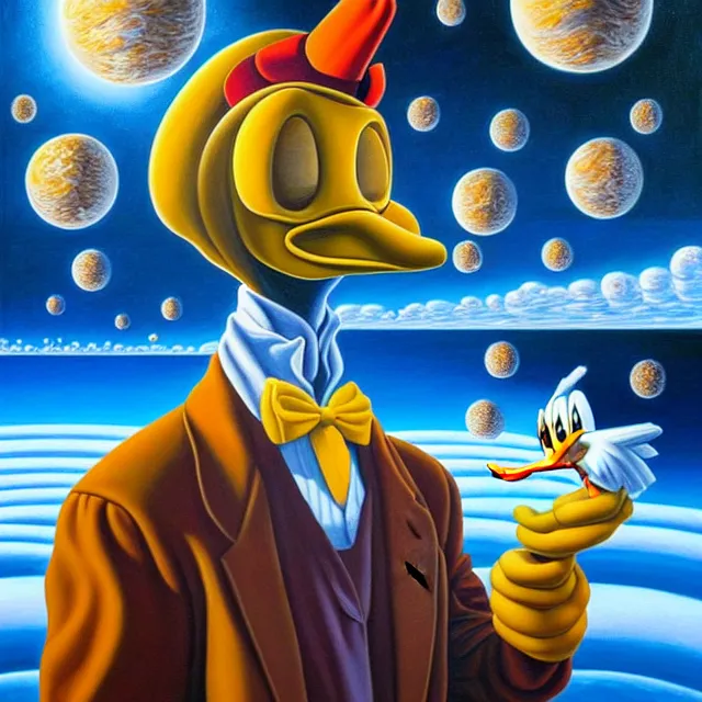 Image similar to an oil on canvas portrait painting of donald duck, surrealism, surrealist, cosmic horror, rob gonsalves, high detail