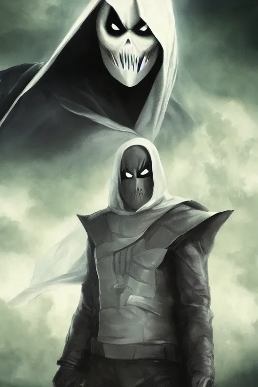 Image similar to characters portrait of Moon Knight mixed with Ghostrider by Alyssa Monks, full-shot, merged character, Full body shot, cinematic opening shot, 4k, highly detailed, cinematic lighting