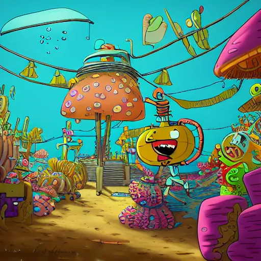 Image similar to bikini bottom drawn by stephen hillenburg, dynamic lighting, fantasy concept art, trending on art station, stunning visuals, creative, cinematic, ultra detailed