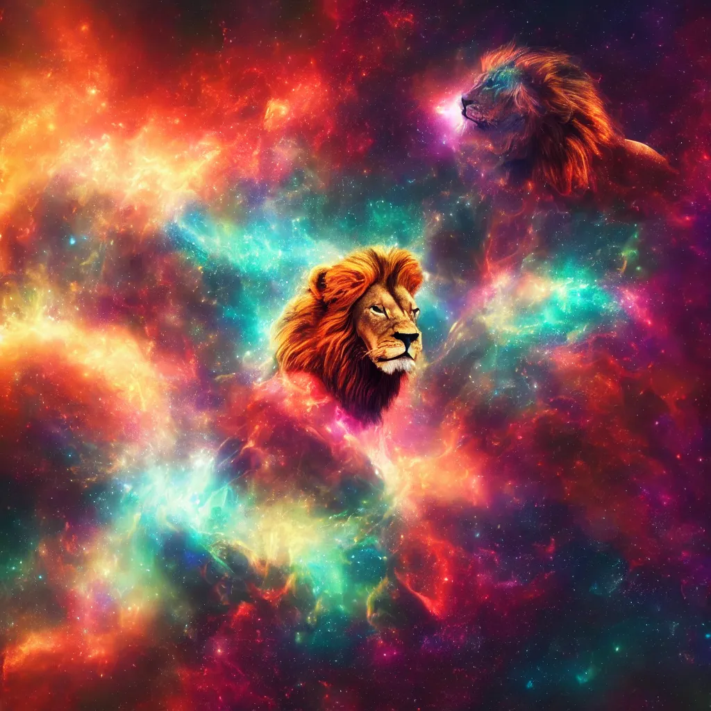 Prompt: lion 🦁 in a galaxy made of stars, space, nebulas stars Dmt Psychedelic cosmos, cosmic, Hallucination, night sky; 8k, artstation, unreal engine, octane render, hdr, surrealistic, hyperrealism, glow, photorealistic, volumetric lighting, Dreamy, dynamic, mystical