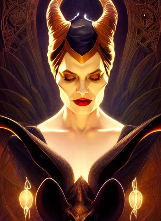 Image similar to symmetry portrait of maleficent, glowing lights, intricate, elegant, highly detailed, digital painting, artstation, concept art, smooth, sharp focus, illustration, art by artgerm and greg rutkowski and alphonse mucha