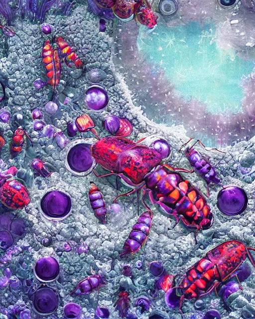 Prompt: super surreal detailed hyperrealist painting of futuristic diorama of purple firefly insects made out of mandelbulb silver metallic spheres floating leak highlighter glowing red neon slime in the white snow artic tundra unreal engine gouache detailed painting