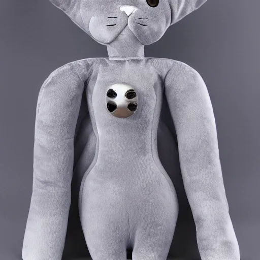 Image similar to gray anthropomorphic, cat female with a whit and chest, wearing a golden crown, big blue eyes, plushy