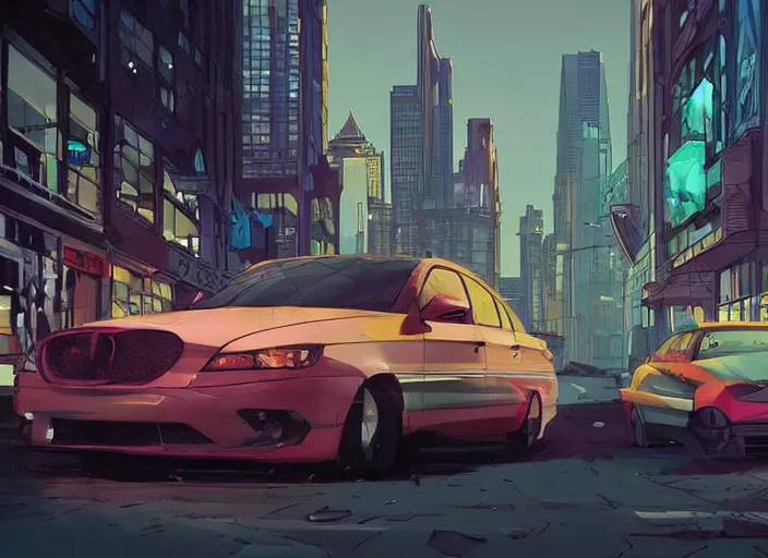 Image similar to a sedan car in a city. sharp focus, cinematic pose, cinematic lighting, unreal engine render. art by josan gonzales and moebius and deathburger.