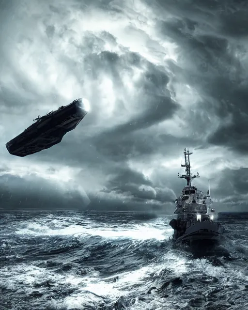 Image similar to scifi action scene of a fishing boat on stormy seas, a very large star destroyer spaceship flying overhead, the very large star destroyer spaceship is emerging from storm clouds, sunset lighting, stormy weather, dramatic lighting, unreal engine, hyper realism, realistic shading, cinematic composition, realistic render, octane render, detailed textures, photorealistic, ultrawide shot, 1 6 mm lens