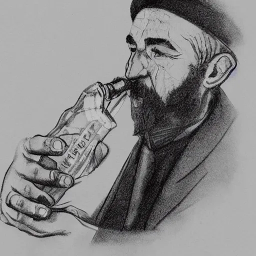 Image similar to sketch of a russian man drinking vodka bottle, detailed