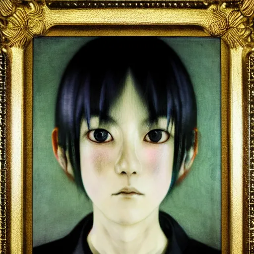 Image similar to yoshitaka amano blurred and dreamy realistic three quarter angle portrait of a young woman with short hair and black eyes wearing office suit with tie, junji ito abstract patterns in the background, satoshi kon anime, noisy film grain effect, highly detailed, renaissance oil painting, weird portrait angle, blurred lost edges