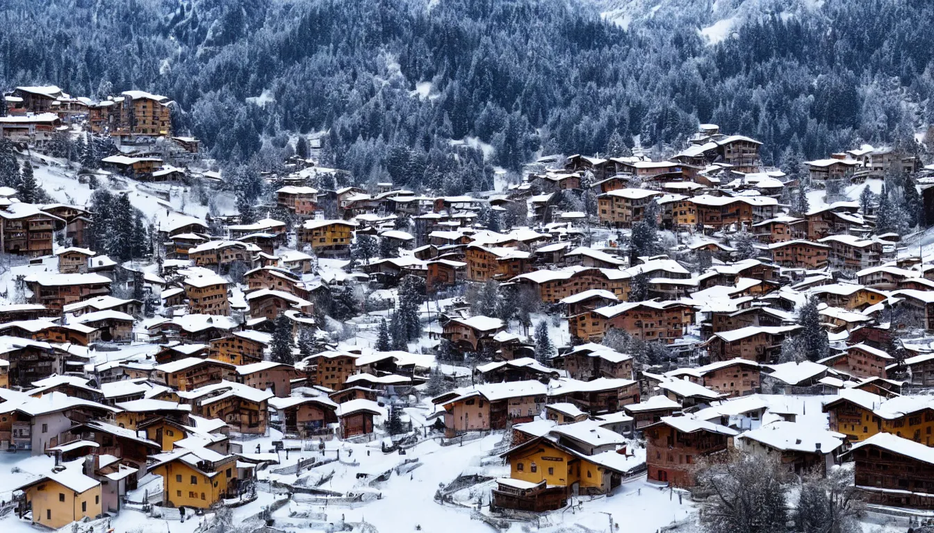 Prompt: an italian town in the dolomites mountains, winter