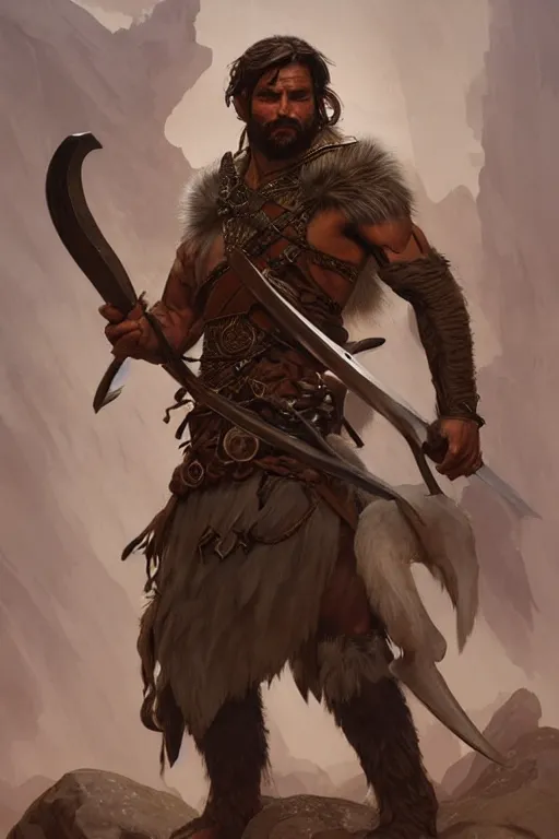 Image similar to full body portrait of a gruff ranger with a spear, lean and toned, handsome face, body hair, D&D, fantasy, intricate, elegant, highly detailed, digital painting, artstation, concept art, matte, sharp focus, illustration, art by Artgerm and Greg Rutkowski and Alphonse Mucha