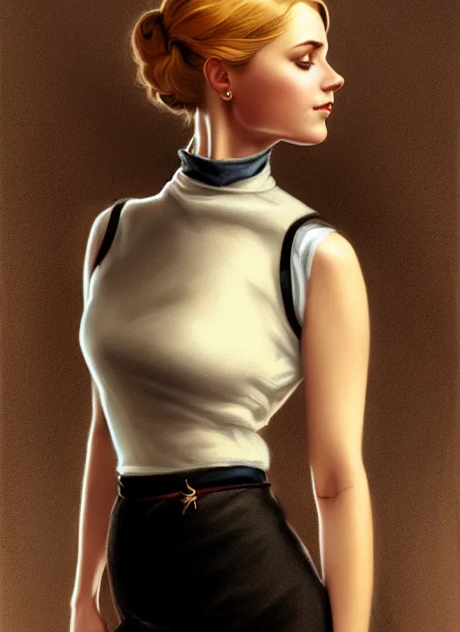 Image similar to portrait of a full body of beautiful young female secretary, d & d, sleeveless turtleneck, pencil skirt, fantasy, flat lighting, intricate, highly detailed, digital painting, artstation, concept art, smooth, sharp focus, illustration, art by simon bisley and greg rutkowski and alphonse mucha, natural tpose