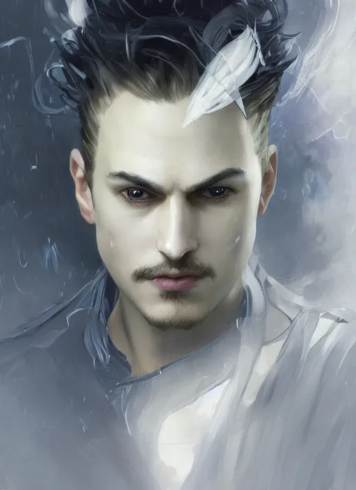 Image similar to character concept portrait of an attractive young smirking Spanish wizard with pale white skin and wearing parital skeleton mask while enchanting a dark seduction spell, a floating burning spell book in the center, intricate, elegant, digital painting, concept art, smooth, sharp focus, illustration, from Metal Gear, by Ruan Jia and Mandy Jurgens and William-Adolphe Bouguereau, Artgerm