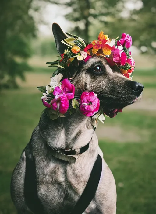 Image similar to 3 5 mm macro photography of a dog wearing a floral headdress and paisley suit