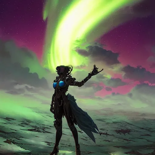 Image similar to an epic grim hyperdetailed 3 d matte painting of a female cyberpunk cyborg sorceress on a distant sci - fi planet under dramatic aurora borealis by peter mohrbacher by dan mumford by jakub rozalski by yoji shinkawa