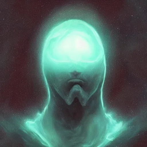 Image similar to award - winning. trending on artstation. 4 k. eerie tone. a mouthless astral figure wearing a hooded cape made of the night sky with 1 5 dark blue glowing eyes on its face and rows of teeth on its chest. full - body. portrait.