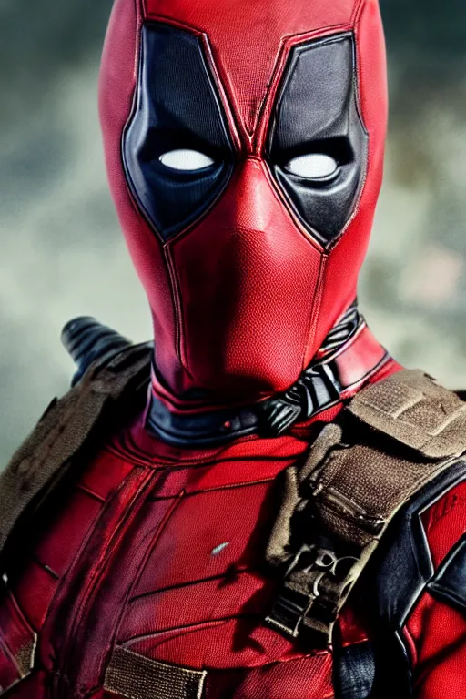 Prompt: realistic photograph of a rugged deadpool in the middle of battle, highly detailed, cinematic, portrait, close - up,