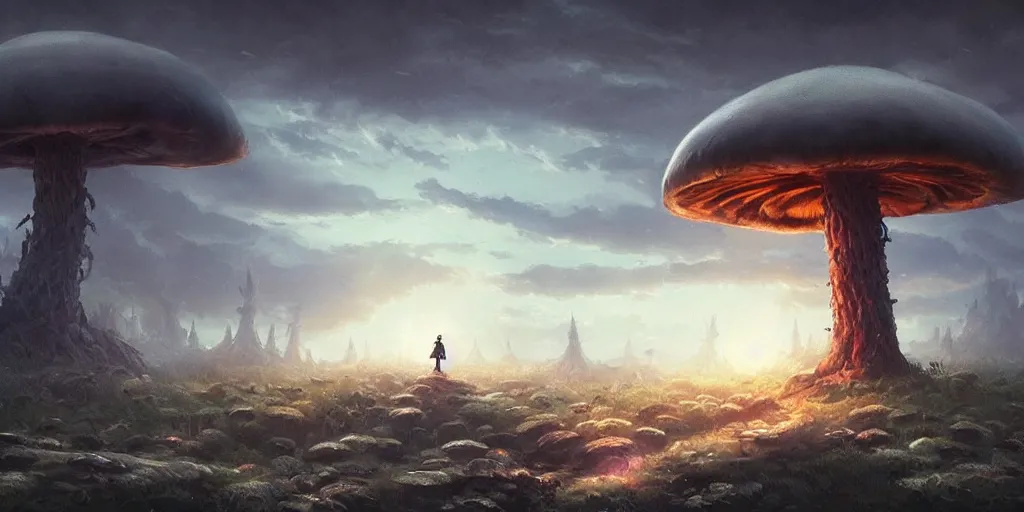 Prompt: ominous and powerful glowing mushroom kingdom, dark fantasy, Greg Rutkowski and Studio Ghibli and Ivan Shishkin