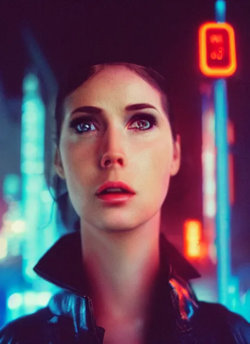 Image similar to A hyper realistic and detailed head portrait photography of a Rachael of Blade Runner on a futuristic street. by Cameron Hammond. Neo noir style. Cinematic. neon lights glow in the background. Cinestill 800T film. Lens flare. Helios 44m