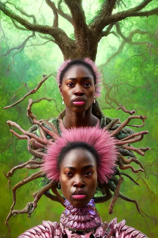 Image similar to hyperrealistic post - baroque masterpiece super expressive! yoruba goddess with pink exoskeleton armor, merging with tree in a forest, highly detailed digital art cinematic, smooth cam de leon eric zener dramatic pearlescent soft teal light, ground angle hd 8 k, sharp focus