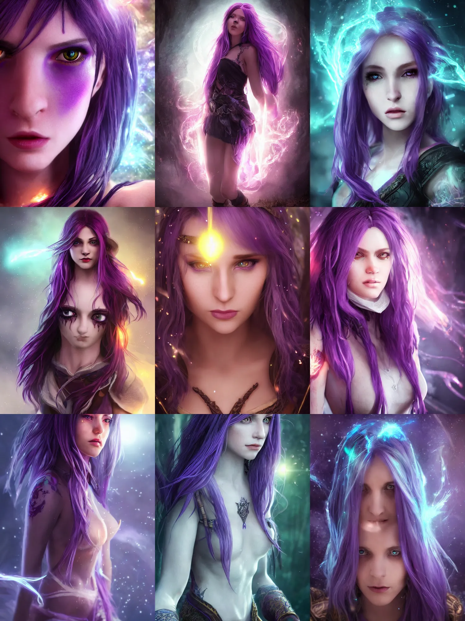 Prompt: !! full body portrait art!! of purple - haired 2 8 year old half - elf sorceress, magical glowing eyes, 8 k ultra realistic, lens flare, atmosphere, glow, detailed, intricate, full of colour, cinematic lighting, trending on artstation, 4 k, hyperrealistic, focused, extreme details, unreal engine 5, cinematic, masterpiece