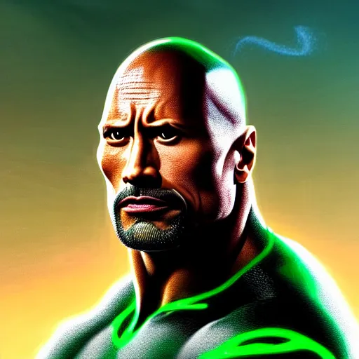 Prompt: portrait of dwayne johnson with long curly green hair, expressive pose, futuristic, highly detailed, digital painting, artstation, concept art, smooth, sharp focus, by quentin tarantino