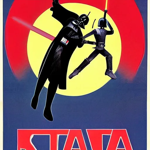 Image similar to darth vader and luke skywalker on roller skates, soviet propaganda poster