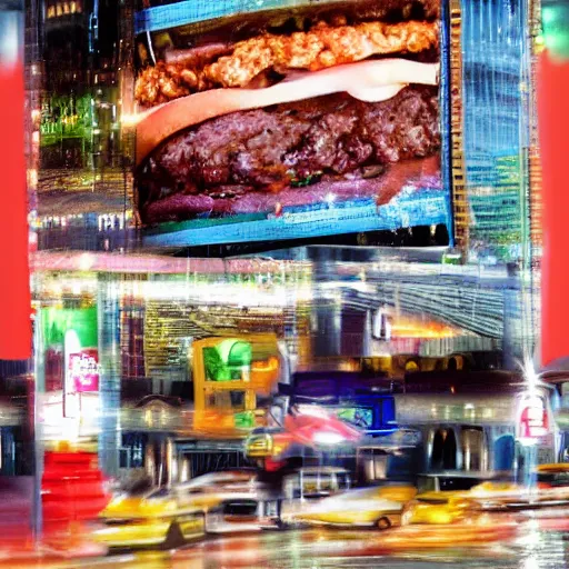 Image similar to giant delicious burger and fries splashes into New York city river, mind-bending digital art, macro photography 25mm, hollywood movie cinematic helicopter view