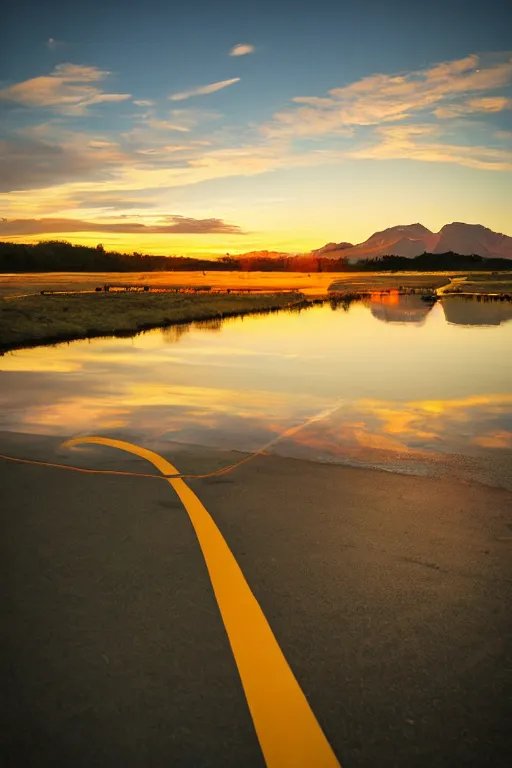 Image similar to colourful sunset at the end of a long highway by zack doehler