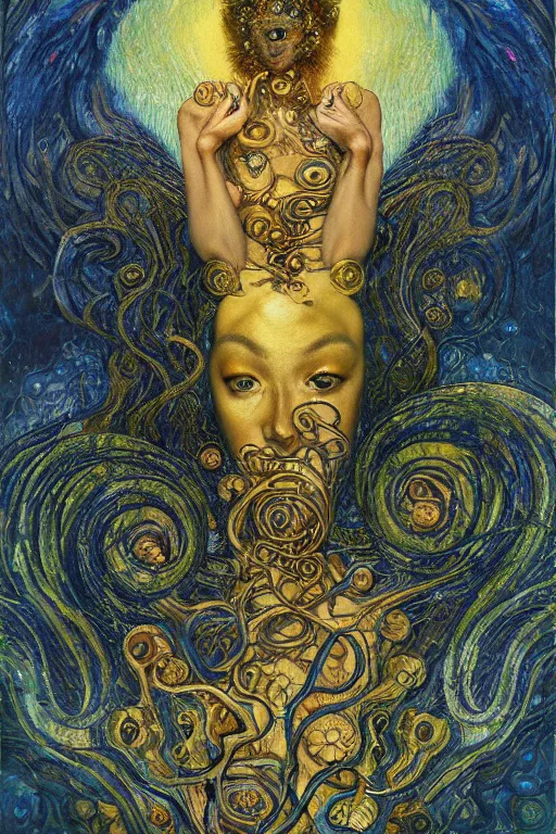 Image similar to Rebirth by Karol Bak, Jean Deville, Gustav Klimt, and Vincent Van Gogh, majestic portrait of a sacred serpent, Surreality, radiant halo, shed iridescent snakeskin, otherworldly, fractal structures, celestial, arcane, ornate gilded medieval icon, third eye, spirals