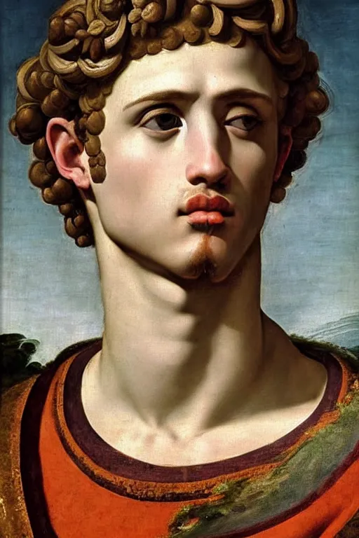 Image similar to renaissance painting of man, short blonde hair, thoughtful face, emotions closeup, dressed in roman armour, the beautiful garden with olive leaves, ultra detailed, art by Guido Reni style, Vincenzo Catena style