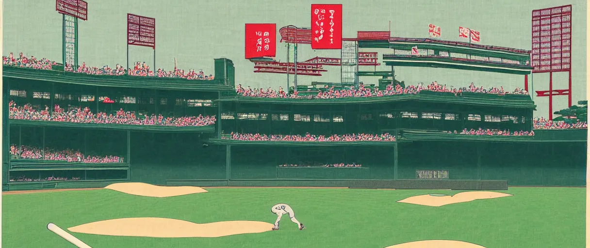 Image similar to ukiyo - e portrait of the green monster, fenway park