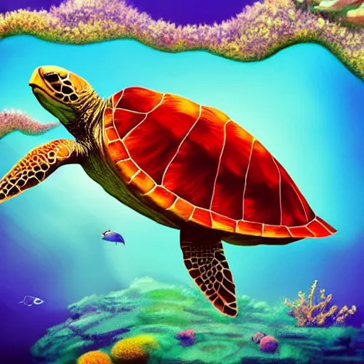 Prompt: a beautiful stunning fantasy whimsical matte digital illustration of a light-green sea turtle swimming over an red-orange coral reef through blue-violet waters, triadic color palette, painted in the style of National Geographic, trending on artstation hq