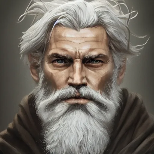 Image similar to painted portrait of rugged zeus, greek god, 4 0 years old, handsome, white hair, soft hair, upper body, muscular, hairy torso, fantasy, intricate, elegant, highly detailed, digital painting, artstation, concept art, smooth, sharp focus, illustration, art by greg rutkowski