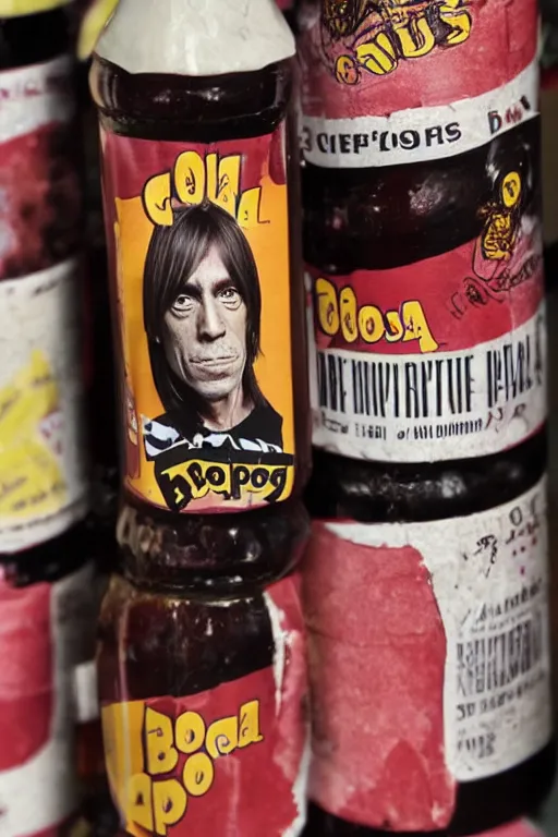 Prompt: a glass bottle of cola with iggy pop's face on the label