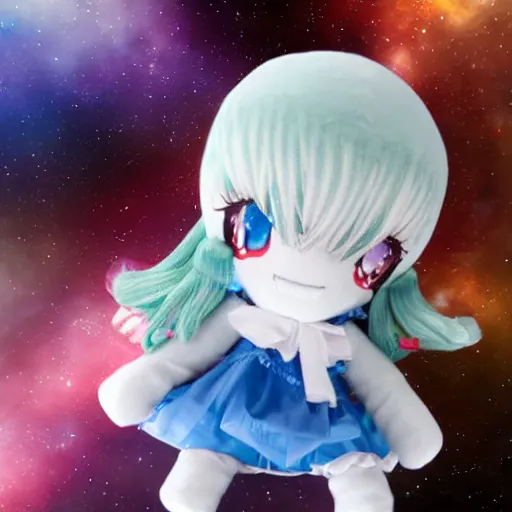 Image similar to cute fumo plush blasted into the cold depths of space, anime girl