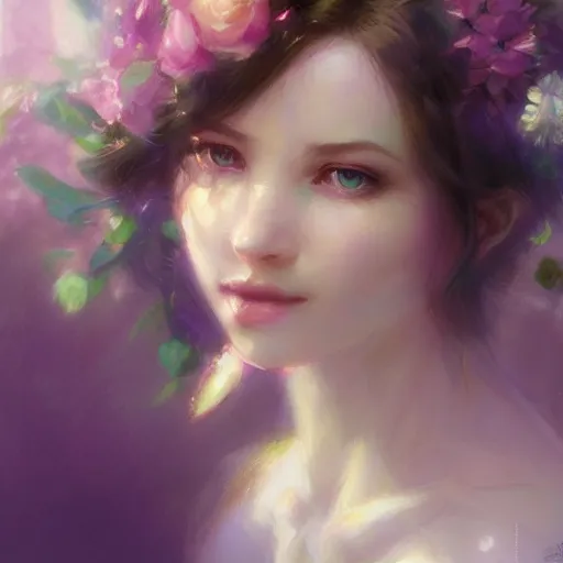 Image similar to beautiful woman, flowers, pastel colors, pearlescent, fantasy, featured on artstation, in the style of daniel gerhartz and krenz cushart, Alexis Franklin, Thomas River, WLOP, Artgerm