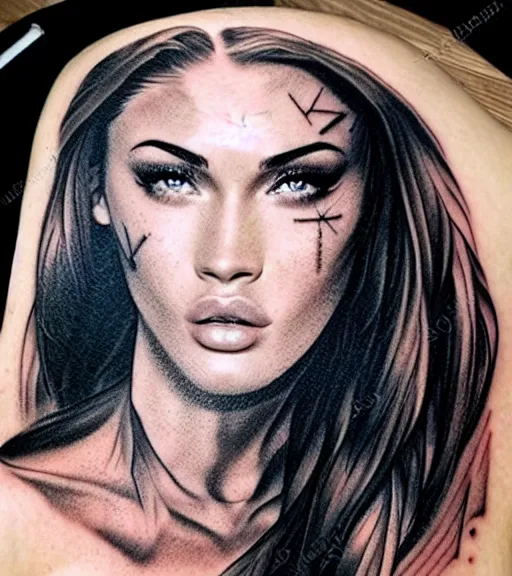 Image similar to realism tattoo sketch of a megan fox face double exposure effect with mountain scenery, in the style of matteo pasqualin, amazing detail, sharp, faded