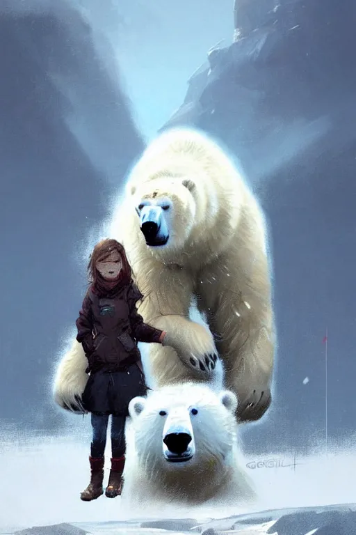 Image similar to comic book cover. giant fluffy polar bear ridden by a small girl by greg rutkowski, trending on artstation