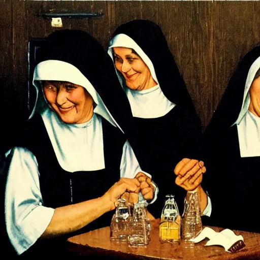 Prompt: a group of nuns enjoying themselves at a dive tavern, low light, Smokey haze above, whiskey bottles, by Norman Rockwell