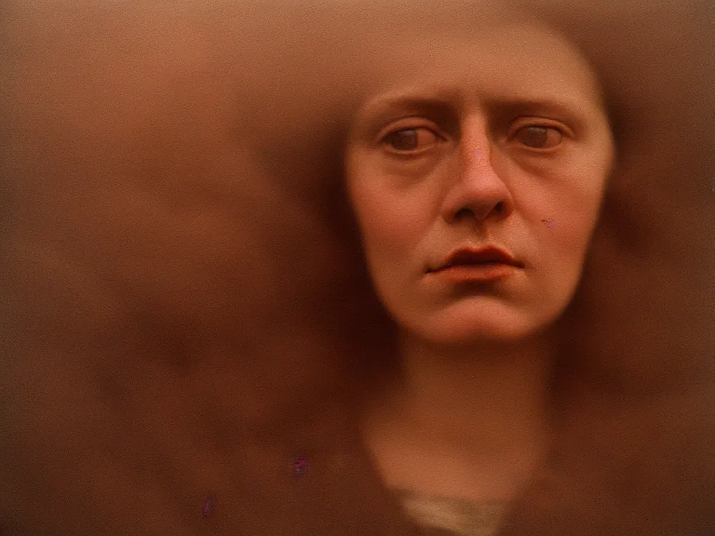 Image similar to close up portrait bust of woman, solemn expression, faded color film, russian cinema, tarkovsky, kodachrome, heavy forest, wood cabin in distance, long brown hair, old clothing, heavy fog, atmospheric haze, brown color palette, sunset, low light, hudson river school, 4 k, dramatic lighting