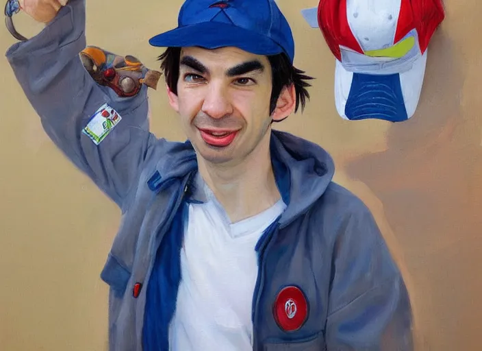 Image similar to a highly detailed beautiful portrait of nathan fielder as ash ketchum, by gregory manchess, james gurney, james jean