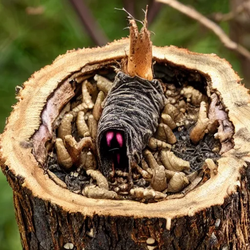 Prompt: a vampire maggot that lives in a tree stump, horror