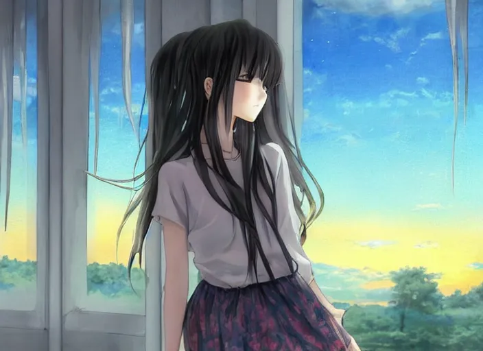 Image similar to anime girl in skirt looking out the window at megopolois and sunset, dynamic composition, motion, ultra-detailed, incredibly detailed, a lot of details, amazing fine details and brush strokes, colorful and grayish palette, smooth, HD semirealistic anime CG concept art digital painting, watercolor oil painting of Clean and detailed post-cyberpunk sci-fi close-up schoolgirl in asian city in style of cytus and deemo, blue flame, relaxing, calm and mysterious vibes,, by a Chinese artist at ArtStation, by Huang Guangjian, Fenghua Zhong, Ruan Jia, Xin Jin and Wei Chang. Realistic artwork of a Chinese videogame, gradients, gentle an harmonic grayish colors. set in half-life 2, Matrix, GITS, Blade Runner, Neotokyo Source, Syndicate(2012), dynamic composition, beautiful with eerie vibes, very inspirational, very stylish, with gradients, surrealistic, dystopia, postapocalyptic vibes, depth of field, mist, rich cinematic atmosphere, perfect digital art, mystical journey in strange world