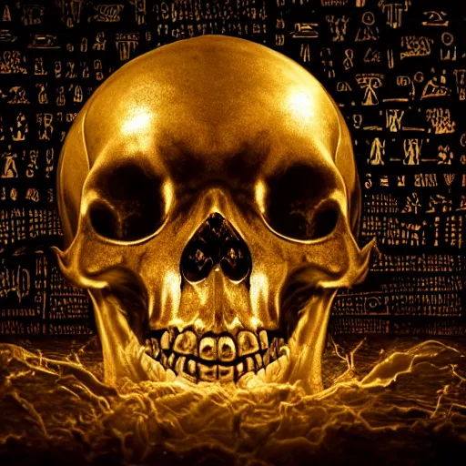 Image similar to a dark ominous chiaroscuro baroque still life photo of a ray of god light shining on a floating golden skull completely covered in ancient runic engravings inscriptions about prophecies, spells, ominous darkness background. weirdcore