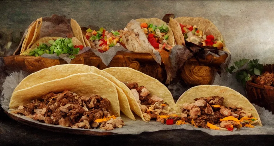 Image similar to a still life of tacos, wolfs, sheep, in the style of romanticisim