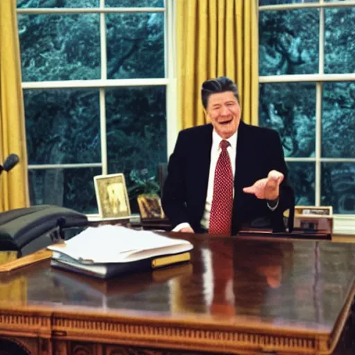 Prompt: a minion meeting president ronald reagan, zoom photograph, oval office,