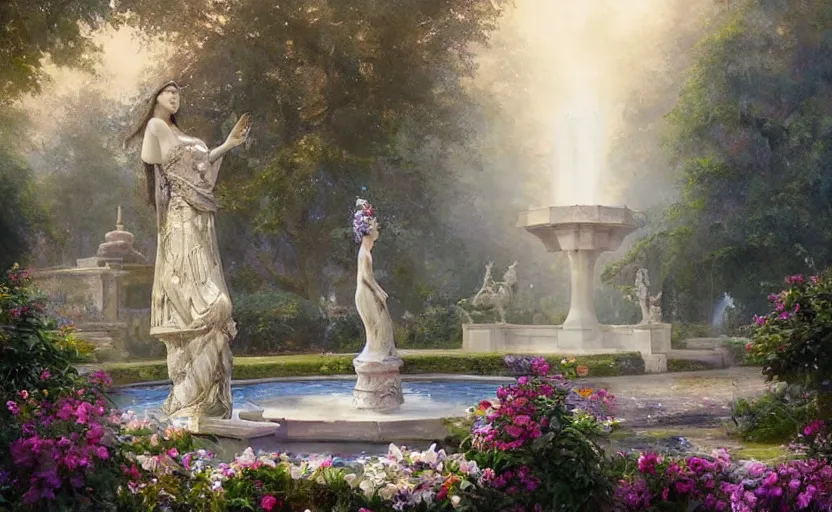 Image similar to The kneeling statue of a woman in a beautiful garden, next to a fountain and a mystical palace, and all this in a foggy and mysterious atmosphere. Fantasy and concept art by Konstantin Razumov.