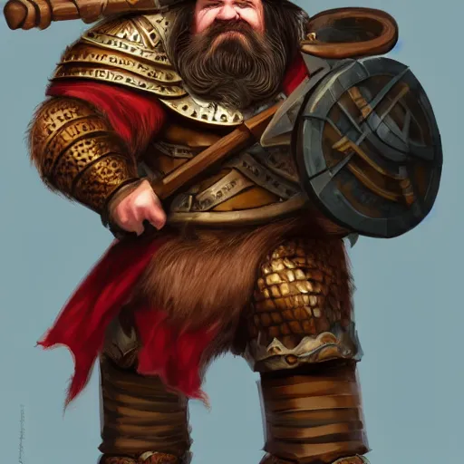 Image similar to middle - aged dwarven male, auburn hair and beard, wearing cataphract armor, wielding a large hammer, fantasy art, dungeons and dragons, concept art, trending on artstation