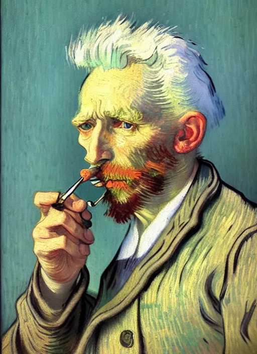 Prompt: portrait of a very old sailor with white hair smoking a pipe, detailed realism face in painting, detailed beautiful portrait, expressionist oil painting masterpiece, 8 k resolution, smooth, sharp focus, pastel color palette, trending on artstation, by van gogh