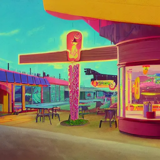 Image similar to psychedelic fast food restaurant near the beach by simon stalenhag